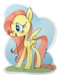 Size: 960x1280 | Tagged: safe, artist:psicommander, derpibooru import, fluttershy, butterfly, pony, insect on nose, looking at something, open mouth, profile, smiling, solo, spread wings, standing, sticker, traditional art, wings