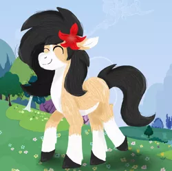 Size: 2240x2232 | Tagged: safe, artist:euspuche, derpibooru import, oc, oc:liliya krasnyy, unofficial characters only, earth pony, pony, background pony, eyes closed, female, flower, flower in hair, happy, mare, nature, outdoors, solo