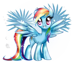 Size: 1120x950 | Tagged: safe, artist:tiffanymarsou, derpibooru import, rainbow dash, pegasus, pony, backwards cutie mark, female, grin, mare, multicolored hair, simple background, smiling, solo, spread wings, transparent background, wings