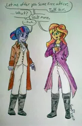 Size: 2432x3703 | Tagged: safe, artist:erenerakhard, deleted from derpibooru, derpibooru import, sunset shimmer, twilight sparkle, equestria girls, aaron burr, aaron burr sir, alexander hamilton, clothes, hamilton, traditional art