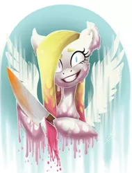 Size: 794x1044 | Tagged: semi-grimdark, artist:dingorainbow, derpibooru import, surprise, pegasus, pony, bust, knife, portrait, solo, surprisamena