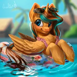 Size: 3000x3000 | Tagged: safe, alternate version, artist:lulemt, derpibooru import, oc, unofficial characters only, alicorn, pony, alicorn oc, chest fluff, commission, female, floaty, glasses, lei, mare, palm tree, smiling, solo, sunglasses, swimming pool, tree, unshorn fetlocks, ych result