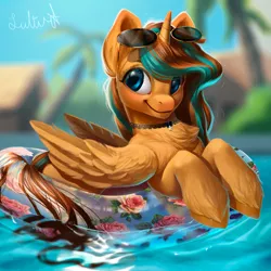 Size: 1280x1280 | Tagged: safe, artist:lulemt, derpibooru import, oc, unofficial characters only, alicorn, pony, alicorn oc, chest fluff, commission, female, floaty, glasses, jewelry, mare, necklace, palm tree, smiling, solo, sunglasses, swimming pool, tree, unshorn fetlocks, ych result