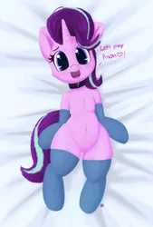 Size: 1400x2069 | Tagged: suggestive, artist:pabbley, artist:transgressors-reworks, derpibooru import, edit, starlight glimmer, pony, unicorn, belly button, chest fluff, clothes, collar, colored, cute, dialogue, female, glimmerbetes, heart, implied anon, looking at you, on back, pabbley is trying to murder us, pet glimmer, pet play, pony pet, pubic fluff, smiling, socks, solo, solo female