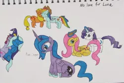 Size: 842x569 | Tagged: safe, artist:ironbrony, derpibooru import, applejack, fluttershy, princess luna, rainbow dash, rarity, trixie, twilight sparkle, pony, appledash, brush, brushing, crying, female, lesbian, shipping, traditional art, twixie