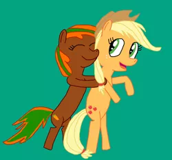 Size: 2652x2472 | Tagged: safe, artist:sb1991, derpibooru import, applejack, oc, oc:carrot root, pony, challenge, equestria amino, hat, hug