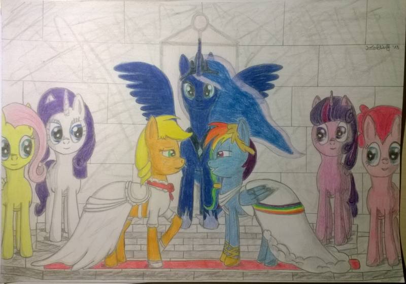 Size: 2859x2000 | Tagged: safe, artist:icecoldwulf, derpibooru import, applejack, fluttershy, pinkie pie, princess luna, rainbow dash, rarity, twilight sparkle, pony, appledash, female, lesbian, marriage, shipping, traditional art, twinkie, wedding