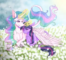 Size: 3250x2950 | Tagged: safe, artist:pndrws, derpibooru import, princess celestia, twilight sparkle, twilight sparkle (alicorn), alicorn, classical unicorn, pony, unicorn, blushing, curved horn, dandelion, eyes closed, female, field, flower, flower field, flower in hair, grass field, heart eyes, leonine tail, lesbian, magic, mare, momlestia, one eye closed, prone, shipping, telekinesis, twilestia, unshorn fetlocks, wing blanket, wingding eyes