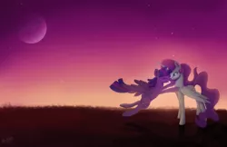 Size: 1024x663 | Tagged: safe, artist:allforyouart, derpibooru import, princess celestia, twilight sparkle, twilight sparkle (alicorn), alicorn, pony, engagement ring, female, glomp, lesbian, marriage proposal, moon, pink-mane celestia, shipping, stars, twilestia