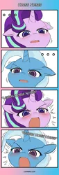 Size: 400x1180 | Tagged: safe, artist:lumineko, derpibooru import, starlight glimmer, trixie, pony, unicorn, 4koma, adorkable, angry dog noises, blushing, comic, cute, descriptive noise, diatrixes, dork, exploitable meme, female, glimmerbetes, horse noises, lesbian, looking at you, meme, ohayou face, open mouth, parody, shipping, startrix