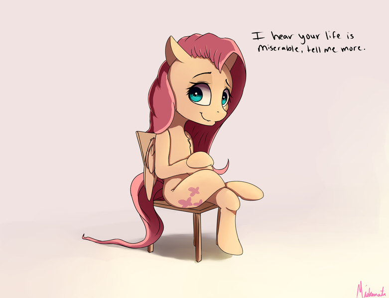 Size: 1900x1460 | Tagged: safe, artist:miokomata, derpibooru import, fluttershy, pegasus, pony, chair, dialogue, female, looking at you, mare, sitting, smiling, solo