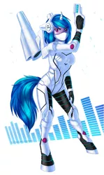 Size: 957x1604 | Tagged: safe, artist:jay-kuro, derpibooru import, vinyl scratch, anthro, unguligrade anthro, unicorn, female, futuristic, gun, mare, mecha, solo, visor, weapon