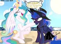 Size: 4823x3445 | Tagged: safe, artist:darkest-lunar-flower, derpibooru import, princess celestia, princess luna, alicorn, pony, beach, belly button, bikini, celestia is amused, chest fluff, clothes, female, frown, glare, hat, hilarious in hindsight, imminent pain, laughing, luna is not amused, mare, messy mane, ocean, one-piece swimsuit, royal sisters, sarong, sitting, skirt, sun hat, sunburn, swimsuit, top, unamused, varying degrees of amusement