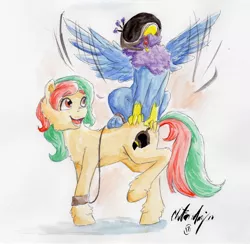 Size: 2771x2701 | Tagged: safe, artist:victorydanceofficial, derpibooru import, oc, oc:aerie rufter, oc:gyro feather, oc:gyro tech, unofficial characters only, gryphon, falconry hood, griffonized, species swap, traditional art