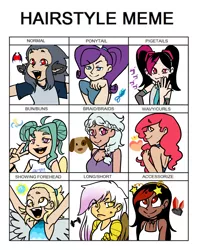 Size: 1840x2330 | Tagged: alternate hairstyle, armpits, artist:/d/non, derpibooru import, female, meme, oc, oc:alex, oc:annie, oc:dingaling, oc:drizzle, oc:hiki, oc:peach, oc:sapphire belle, oc:toby, oc:yuzu, parent:apple bloom, parent:derpy hooves, parent:gilda, parent:king sombra, parent:oc:miss eri, parent:rarity, parent:screwball, parent:zephyr breeze, safe, satyr, unofficial characters only