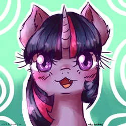 Size: 2800x2800 | Tagged: safe, artist:mylittleyuri, derpibooru import, twilight sparkle, alicorn, pony, unicorn, :3, abstract background, adorkable, blushing, bust, cute, cute little fangs, dork, ear fluff, fangs, female, looking at you, mare, open mouth, paint tool sai, portrait, smiling, solo, twiabetes, twilight cat