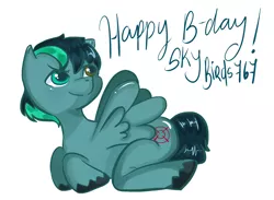 Size: 1078x787 | Tagged: safe, derpibooru import, oc, oc:target strike, unofficial characters only, pegasus, pony, anatomically incorrect, birthday gift, heterochromia, incorrect leg anatomy, male, prone, simple background, solo, stallion, text, unshorn fetlocks, white background