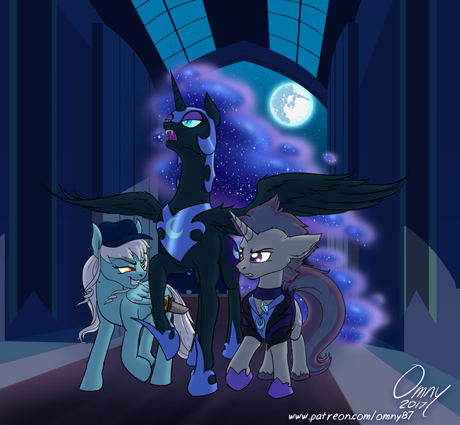 Size: 1000x924 | Tagged: safe, artist:omny87, derpibooru import, nightmare moon, oc, oc:ice, oc:verlo streams, alicorn, pegasus, pony, unicorn, full moon, grin, hallway, leering, mare in the moon, moon, skylight, smiling, smirk, tapestry