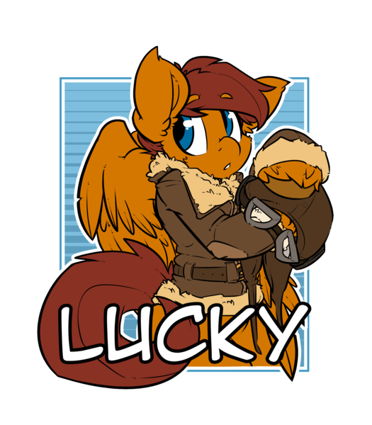 Size: 2100x2400 | Tagged: safe, artist:bbsartboutique, derpibooru import, oc, oc:lucky, unofficial characters only, pegasus, pony, badge, bomber jacket, clothes, con badge, flying helmet, goggles, jacket, looking away, pilot, solo, wings