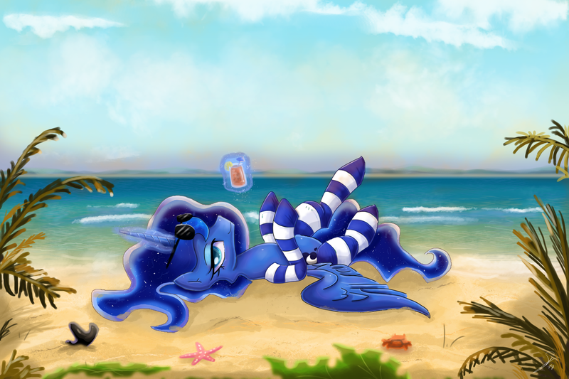 Size: 3000x2000 | Tagged: safe, artist:shogundun, derpibooru import, princess luna, alicorn, crab, pony, starfish, beach, clothes, cloud, glowing horn, looking at you, magic, ocean, on back, relaxing, sky, smiling, socks, solo, striped socks, sunglasses, telekinesis