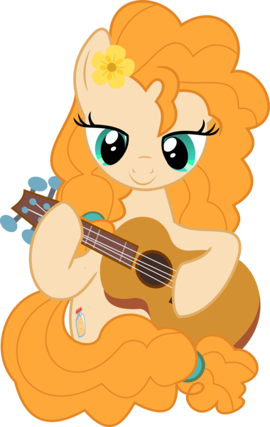 Size: 3781x5968 | Tagged: safe, artist:jhayarr23, derpibooru import, pear butter, earth pony, pony, the perfect pear, acoustic guitar, female, flower, flower in hair, guitar, lidded eyes, mare, simple background, smiling, solo, transparent background, vector