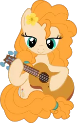 Size: 3781x5968 | Tagged: safe, artist:jhayarr23, derpibooru import, pear butter, earth pony, pony, the perfect pear, acoustic guitar, female, flower, flower in hair, guitar, lidded eyes, mare, simple background, smiling, solo, transparent background, vector