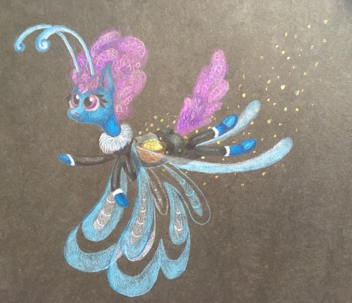 Size: 3496x3020 | Tagged: antennae, artist:pony-from-everfree, basket, black background, breezie, clothes, colored pencil drawing, curly hair, derpibooru import, dress, flying, lineless, pollen, safe, seabreeze, simple background, solo, traditional art, wings