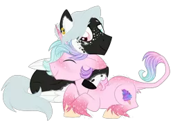 Size: 2388x1724 | Tagged: safe, artist:azure-art-wave, derpibooru import, oc, oc:inker, oc:stardust, unofficial characters only, classical unicorn, pegasus, pony, unicorn, cloven hooves, eyes closed, gay, heterochromia, leonine tail, male, neck nuzzle, nuzzling, oc x oc, prone, shipping, simple background, smiling, stallion, transparent background, unshorn fetlocks