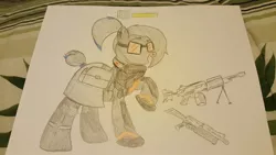 Size: 1280x720 | Tagged: safe, artist:straighttothepointstudio, derpibooru import, oc, oc:ex-plasma, unofficial characters only, earth pony, pony, gear, gun, health bars, lmg, mk46, ponytail, pp-19, short tail, smiling, solo, submachinegun, sunglasses, the division, the division watch, the division: survival, traditional art, weapon