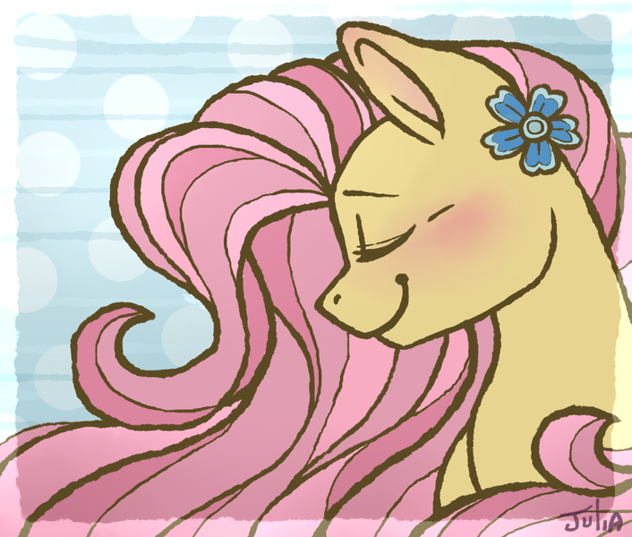 Size: 1000x850 | Tagged: safe, artist:twixyamber, derpibooru import, fluttershy, pegasus, pony, blushing, bust, cute, eyes closed, female, flower, flower in hair, mare, portrait, shyabetes, solo