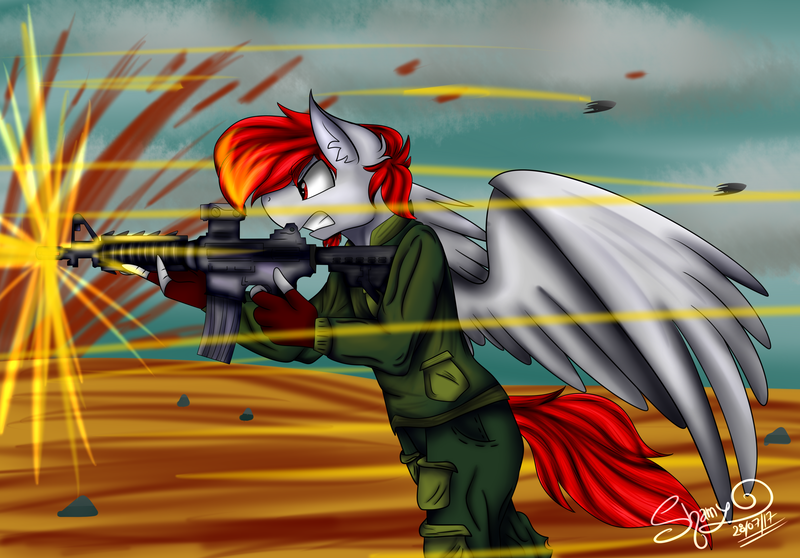 Size: 3300x2300 | Tagged: anthro, artist:shamy-crist, derpibooru import, gun, high res, male, oc, oc:dark spirit, pegasus, rifle, safe, solo, stallion, unofficial characters only, war, weapon