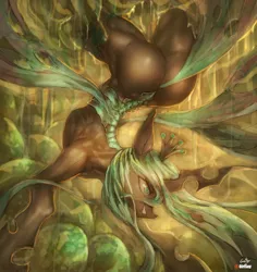 Size: 944x1000 | Tagged: suggestive, artist:girlsay, derpibooru import, queen chrysalis, changeling, changeling queen, semi-anthro, backbend, bugbutt, changeling egg, changeling hive, egg, female, flexible, hive, milf, patreon, patreon logo, queen twistalis, smiling, solo, solo female, upside down