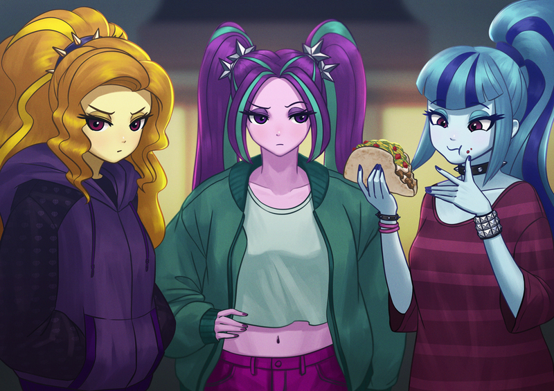 Size: 1228x868 | Tagged: safe, artist:agaberu, derpibooru import, adagio dazzle, aria blaze, sonata dusk, equestria girls, rainbow rocks, belly button, choker, clothes, female, food, hoodie, midriff, sonataco, spiked choker, spiked wristband, sweater, taco, that girl sure loves tacos, the dazzlings, trio, wristband