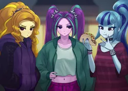 Size: 1228x868 | Tagged: safe, artist:agaberu, derpibooru import, adagio dazzle, aria blaze, sonata dusk, equestria girls, rainbow rocks, belly button, choker, clothes, female, food, hoodie, midriff, sonataco, spiked choker, spiked wristband, sweater, taco, that girl sure loves tacos, the dazzlings, trio, wristband