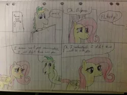 Size: 2592x1936 | Tagged: safe, artist:didgereethebrony, derpibooru import, fluttershy, oc, oc:didgeree, pony, lined paper, piano, shipping fuel, traditional art
