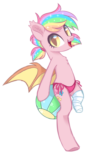 Size: 1586x2773 | Tagged: safe, artist:hawthornss, derpibooru import, oc, oc:paper stars, unofficial characters only, bat pony, pony, amputee, bandage, beach ball, bikini, bikini bottom, chest fluff, clothes, cute, cute little fangs, ear fluff, fangs, female, looking at you, missing limb, open mouth, simple background, smiling, solo, stump, swimsuit, transparent background