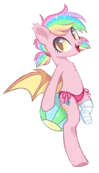 Size: 1586x2773 | Tagged: safe, artist:hawthornss, derpibooru import, oc, oc:paper stars, unofficial characters only, bat pony, pony, amputee, bandage, beach ball, bikini, bikini bottom, chest fluff, clothes, cute, cute little fangs, ear fluff, fangs, female, looking at you, missing limb, open mouth, simple background, smiling, solo, stump, swimsuit, transparent background