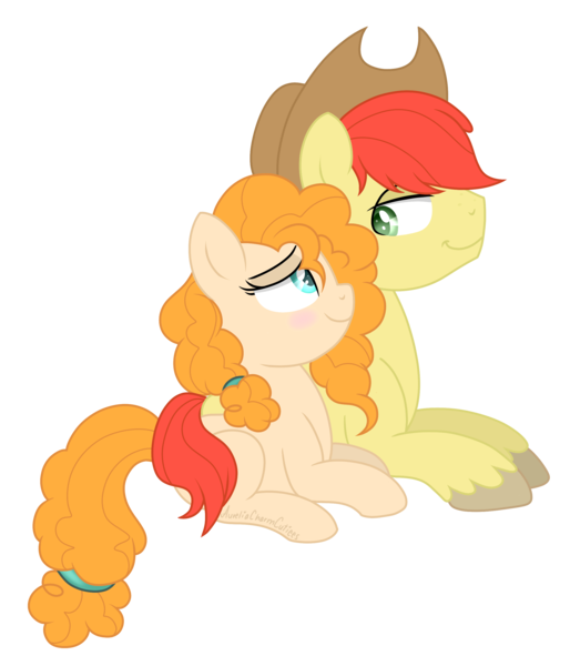 Size: 2340x2732 | Tagged: safe, artist:raspberrystudios, derpibooru import, bright mac, pear butter, pony, the perfect pear, brightbutter, embrace, love, lying, shipping