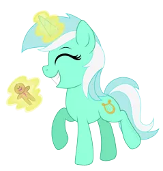 Size: 2413x2528 | Tagged: safe, artist:raspberrystudios, derpibooru import, lyra heartstrings, pony, unicorn, big smile, cute, gingerbread man, humie, lyrabetes, magic, smiley face, that pony sure does love humans, trotting, trotting in place