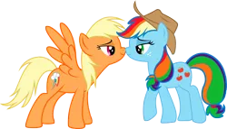 Size: 4438x2544 | Tagged: safe, artist:aborrozakale, derpibooru import, applejack, rainbow dash, earth pony, pegasus, pony, appledash, female, high res, lesbian, mare, nuzzling, palette swap, recolor, shipping, simple background, transparent background, vector