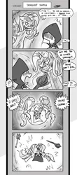 Size: 1451x3300 | Tagged: safe, artist:loreto-arts, derpibooru import, fluttershy, spike, trixie, dragon, pony, unicorn, comic:friendship is innuendo, bloodstone scepter, bubble, comic, female, flutterspike, heart, male, mare, monochrome, pop, scepter, shipping, spike gets all the mares, spixie, straight, twilight scepter, wingding eyes