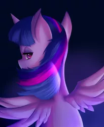 Size: 1280x1564 | Tagged: safe, artist:suziouwabami, derpibooru import, twilight sparkle, twilight sparkle (alicorn), alicorn, pony, ambience, back, dark, female, looking at you, mare, omnious, purple, solo, wings