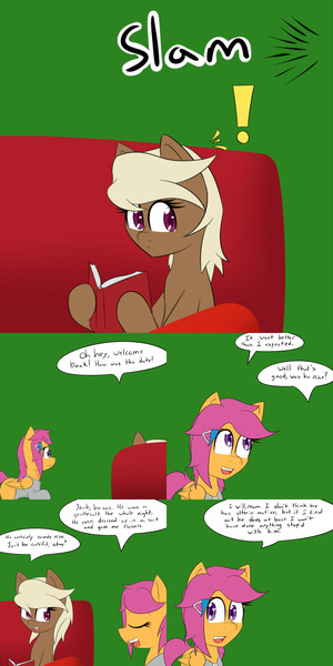 Size: 1600x3200 | Tagged: safe, artist:jake heritagu, derpibooru import, scootaloo, oc, oc:sandy hooves, pony, comic:ask motherly scootaloo, book, comic, couch, hairpin, motherly scootaloo, sweatshirt