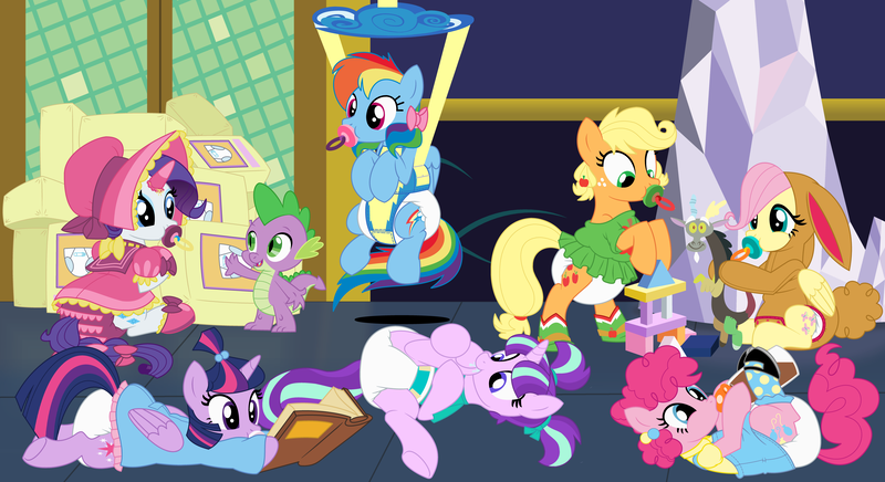 Size: 11000x6000 | Tagged: absurd resolution, adult foal, alicorn, animal costume, applejack, artist:evilfrenzy, baby bottle, baby bouncer, bonnet, book, booties, bow, building blocks, bunny costume, clothes, costume, cute, derpibooru import, diaper, diaper fetish, diaper package, discord, dragon, dress, fetish, fluttershy, frilly diaper, hair bow, hoof sucking, horn sleeve, mane seven, mane six, onesie, pacifier, pinkie pie, plushie, poofy diaper, questionable, rainbow dash, rarity, spike, starlight glimmer, sucking, twilight sparkle, twilight sparkle (alicorn)