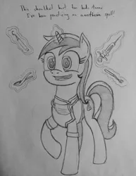 Size: 2448x3166 | Tagged: artist needed, safe, derpibooru import, minuette, pony, unicorn, /mlp/, clothes, dentist, dialogue, female, grayscale, levitation, magic, mare, monochrome, open mouth, solo, telekinesis, traditional art