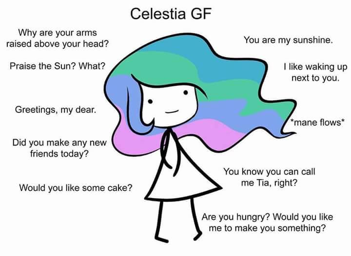 Size: 720x526 | Tagged: cake, cakelestia, catasterism, derpibooru import, descriptive noise, dialogue, human, humanized, ideal gf, make some friends, meme, praise the sun, princess celestia, safe, simple background, solo, waifu, white background