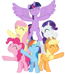 Size: 10600x12000 | Tagged: safe, artist:tardifice, derpibooru import, applejack, fluttershy, pinkie pie, rainbow dash, rarity, twilight sparkle, twilight sparkle (alicorn), alicorn, pony, all bottled up, absurd resolution, best friends until the end of time, bipedal, cute, eyes closed, mane six, missing cutie mark, pony pyramid, raised hoof, simple background, smiling, t pose, transparent background, underhoof, vector