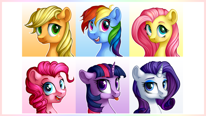 Size: 1920x1080 | Tagged: safe, artist:vird-gi, derpibooru import, applejack, fluttershy, pinkie pie, rainbow dash, rarity, twilight sparkle, pony, bust, looking at you, mane six, missing accessory, portrait, smiling, tongue out