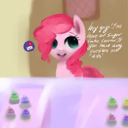 Size: 800x800 | Tagged: safe, artist:pipomanager-mimmi, derpibooru import, pinkie pie, pony, ask, cupcake, food, smiling, solo, sugarcube corner, talking to viewer, tumblr