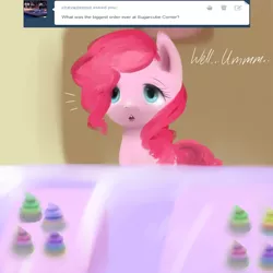 Size: 800x800 | Tagged: safe, artist:pipomanager-mimmi, derpibooru import, pinkie pie, pony, ask, cupcake, food, solo, sugarcube corner, surprised, talking to viewer, tumblr